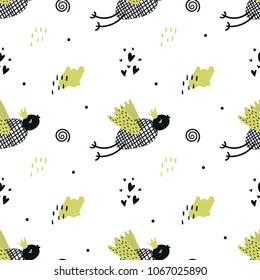 Funny seamless pattern with bird. Color kids vector illustration in scandinavian style.
