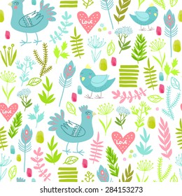 funny seamless pattern with bird, flowers, heart and branches