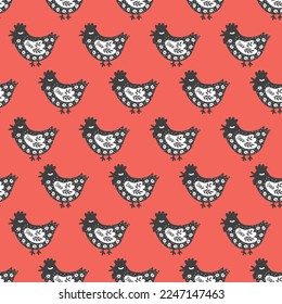 Funny seamless pattern with black and white chicken on red background. Folklore surface design, repeating tile texture. Farm bird illustration for textile, fabric, wrapping paper, banner, package