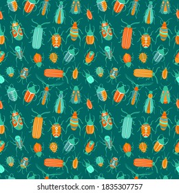 Funny seamless pattern with bugs and beetles on green background. Colorful insects decorative set. Hand drawn fauna creatures for print, kids apparel, paper design