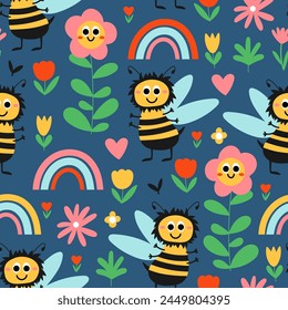 Funny seamless pattern with bumblebees, large flowers, rainbows and other plants on a blue background. Vector illustration. Cute hand drawn nature pattern for kids.