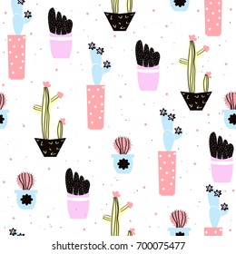 Funny seamless pattern with cactus in pot. Vector hand drawn illustration.