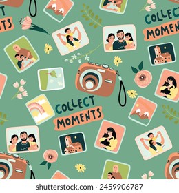 Funny seamless pattern with camera and photo cards.Cartoon photos of family, houses, nature and handwritten Collect Moments.Vector design for printing on fabric and paper.Wallpaper,cover,background.