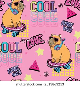 Funny seamless pattern with  capybara on skate. Cartoon capybara for prints on T-shirts, children's clothing, cards and more