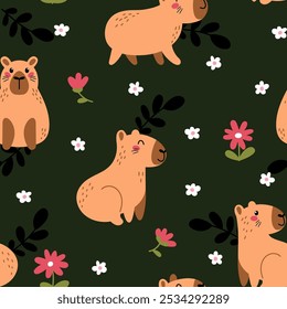 Funny seamless pattern with capybaras and flowers on a dark green background. Textile, wrapping paper, wallpaper design. Print for fabric. Vector kids background.