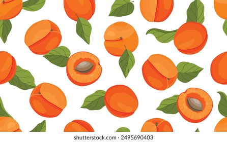 Funny seamless pattern with cartoon apricot and leaves.Juicy ripe fruits from different angles, whole and halves with pits.Botanical background for printing on fabric and paper.Vector design on white.
