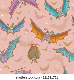 Funny seamless pattern with cartoon bats. Childish vector wallpaper.