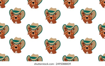 Funny seamless pattern with cartoon bear head.Cute wild character in a cowboy hat. Stamp effect design.Colorful animal print on fabric and paper,textile,wallpaper,cover.Vector illustration on white.