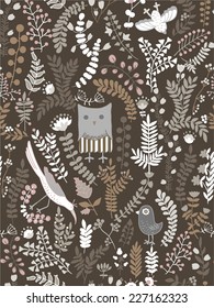Funny Seamless pattern. Cartoon birds, leaves, flowers and other floral elements. Owl, sparrow, birdie.