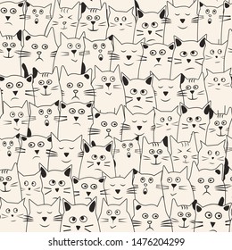 Funny seamless pattern with cartoon cats hand drawn with differents emotions. Vector illustration