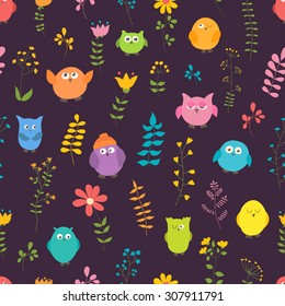 Funny seamless pattern. Cartoon color owls on light background. Ideal for textile, wallpaper, wrapping.