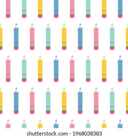 Funny seamless pattern with with cartoon cute pencils. Back to school background.