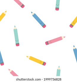 Funny seamless pattern with with cartoon cute pencils. Back to school background. Kawaii style