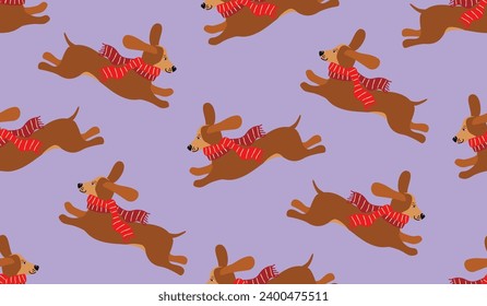 Funny seamless pattern with cartoon dachshund dog in warm scarf.Animal background with cute character in active movement.Colorful print with pet in winter accessory.Vector hand drawn illustration.