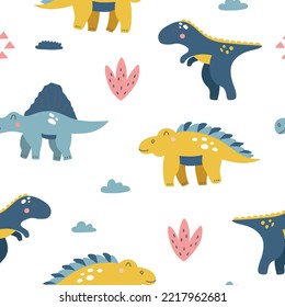 Funny seamless pattern with cartoon dinosaurs. Hand drawn vector doodles for girls, boys, kids for fashion clothes, shirt, fabric