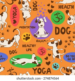 Funny seamless pattern with cartoon dog doing yoga position on an orange background. Healthy lifestyle concept.