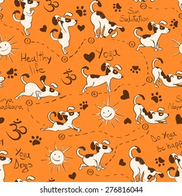 Funny seamless pattern with cartoon dog doing yoga position of Surya Namaskara. Healthy lifestyle concept.