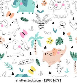 Funny seamless pattern of cartoon elephants with palm trees, flowers and butterflies on white background. Childish illustration in a vector.