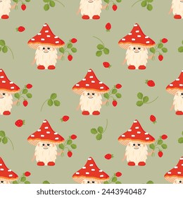 Funny seamless pattern with cartoon fly agaric and strawberries.Childish colorful background with cute smile character and plants.Vector design for printing on fabric and paper,nursery wall decor.