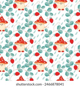 Funny seamless pattern with cartoon fly agaric and strawberry bush.Floral background with cute character under plant and raindrops.Print on fabric and paper.Vector design for nursery decor,cover.