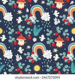 Divertido patrón sin fisuras con la mosca de dibujos animados agaric, nube de lluvia, pájaro, arco iris, arbusto de fresa. Fondo floral color azul con frutas rojas, flores, estrellas, helecho y carácter mágico. Diseño de Vector para niños.