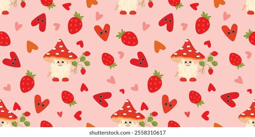 Funny seamless pattern with cartoon fly agaric mushroom,hearts and strawberries.Pink,red,orange and green colors.Print for kids with cute character.Vector design for textile. Flat color illustration.