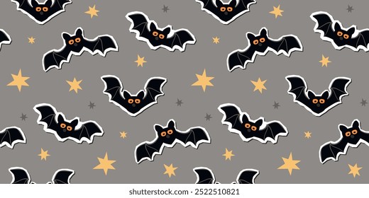 Patrón inconsútil divertido con los murciélagos voladores de la historieta y las estrellas. Fondo de Halloween o textura para imprimir en tela y papel. Diseño dibujado a mano del Vector para el uso en Fondo de pantalla, materia textil, papel de embalaje, cubierta.