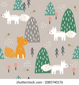 Funny seamless pattern with cartoon foxes. Kids cute woodland print. Vector hand drawn illustration.