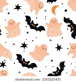 Funny seamless pattern with  cartoon ghosts and bats.Halloween background with cute characters,stars,moon and doodle elements.Print on fabric and paper.Vector hand drawn illustration on a white.