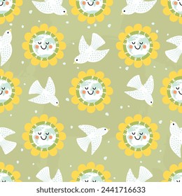 Funny seamless pattern with cartoon globe and birds.Yellow,blue and green colors.Vector design for printing on fabric and paper.Save our planet handwritten.Earth Day illustration for card,cover.