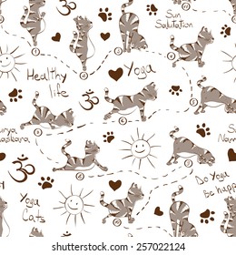 Funny seamless pattern with cartoon gray cat doing yoga position of Surya Namaskara. Healthy lifestyle concept