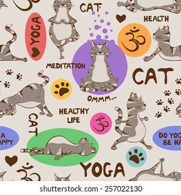 Funny seamless pattern with cartoon gray cat doing yoga position. Healthy lifestyle concept