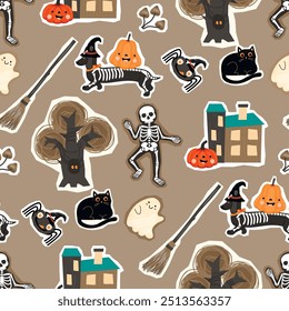 Divertido patrón sin fisuras con personajes de dibujos animados de Halloween. Niño y perro en trajes de esqueleto, gato negro, lindo fantasma, araña en un sombrero, aterrador, árbol, casa vieja y calabazas con caras. Diseño plano de Vector.