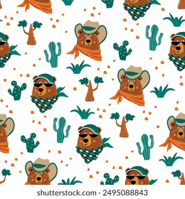 Funny seamless pattern with cartoon heads bears  in hats, caps and neck scarf.White background with cute wild animal characters and cacti.Colorful print on fabric and paper.Vector design for textile.