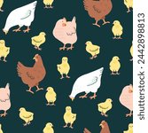 Funny seamless pattern with cartoon hens and yellow chick on green background.Vector design for printing on fabric and paper.Cute farm animal endless wallpaper,cover,nursery wall decor.Raising poultry