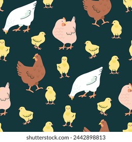 Funny seamless pattern with cartoon hens and yellow chick on green background.Vector design for printing on fabric and paper.Cute farm animal endless wallpaper,cover,nursery wall decor.Raising poultry