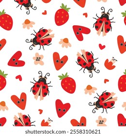 Funny seamless pattern with cartoon ladybug,hearts,strawberries and flowers.Red,orange,pink colors on white background.Vector design for textile,wrapping paper,wallpaper.Flat color illustration.