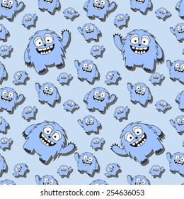 Funny seamless pattern with cartoon monsters in blue colors