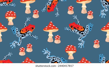 Divertido patrón sin fisuras con la rana venenosa de dibujos animados y amanita.Fondo animal salvaje con mosca agaric.Impresión colorida brillante en tela y papel.Diseño vectorial para tarjeta, cubierta, papel pintado sin fin, decoración de la pared.