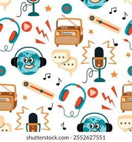 Funny seamless pattern with cartoon radio objects on white background.Retro radio receiver, planet earth, headphones, microphone, musical notes, start and pause buttons.Vector flat color illustration.