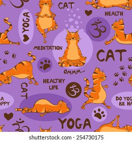 Funny seamless pattern with cartoon red cat doing yoga position. Healthy lifestyle concept