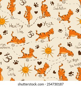 Funny seamless pattern with cartoon red cat doing yoga position of Surya Namaskara. Healthy lifestyle concept