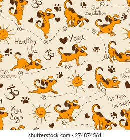 Funny seamless pattern with cartoon red dog doing yoga position of Surya Namaskara. Healthy lifestyle concept.