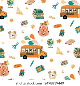 Funny seamless pattern with cartoon school bus and accessories.Globe, textbooks, rulers, paints, pencils and backpack.Back to school and teaching concept.Vector designs set on white background.