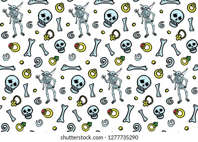 Funny seamless pattern with cartoon skeletons bones and treasure on white background