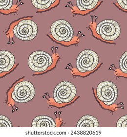 Funny seamless pattern with cartoon snails.Cute character with shell and eyes.Animal background or texture for printing on fabric and paper.Vector design for use in card,cover,endless wallpaper,banner