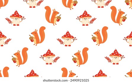 Funny seamless pattern with cartoon squirrel and fly agaric mushroom.White background with cute woodland characters.Autumn print on fabric and paper.Vector design for textile,baby clothes,nursery wall