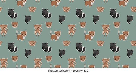 Funny seamless pattern of cartoon tapirs, South American noses, spider monkeys, and their portraits with white offsets like stickers on a gray background. Vector. 