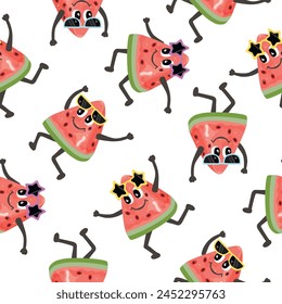 Funny seamless pattern with cartoon watermelon.Summer background with cute dancing characters.Comical fruit with glasses,face,legs and hands.Vector design for printing on fabric and paper,cover.