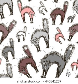 Funny seamless pattern with cats. Endless pattern with animals.Hand-drawn cats in a frightening pose. Pattern with Pets